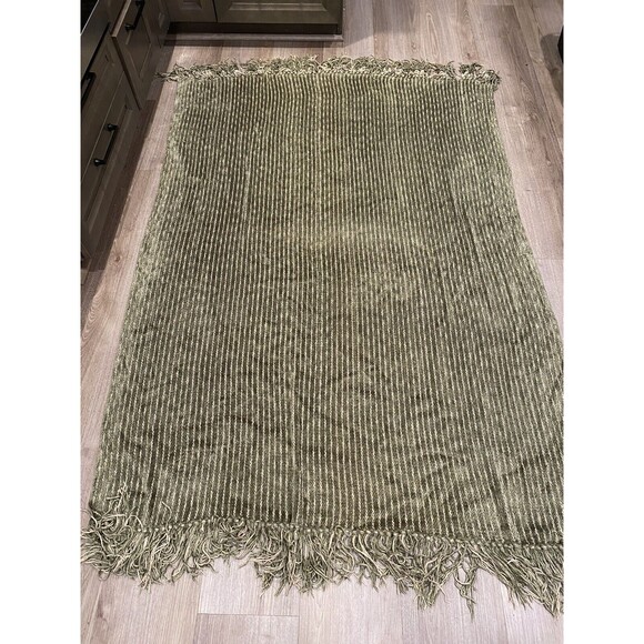 Restoration Hardware Throw Blanket Chenille Sage Green Ribbed Fringe 72x54 - Picture 2 of 7